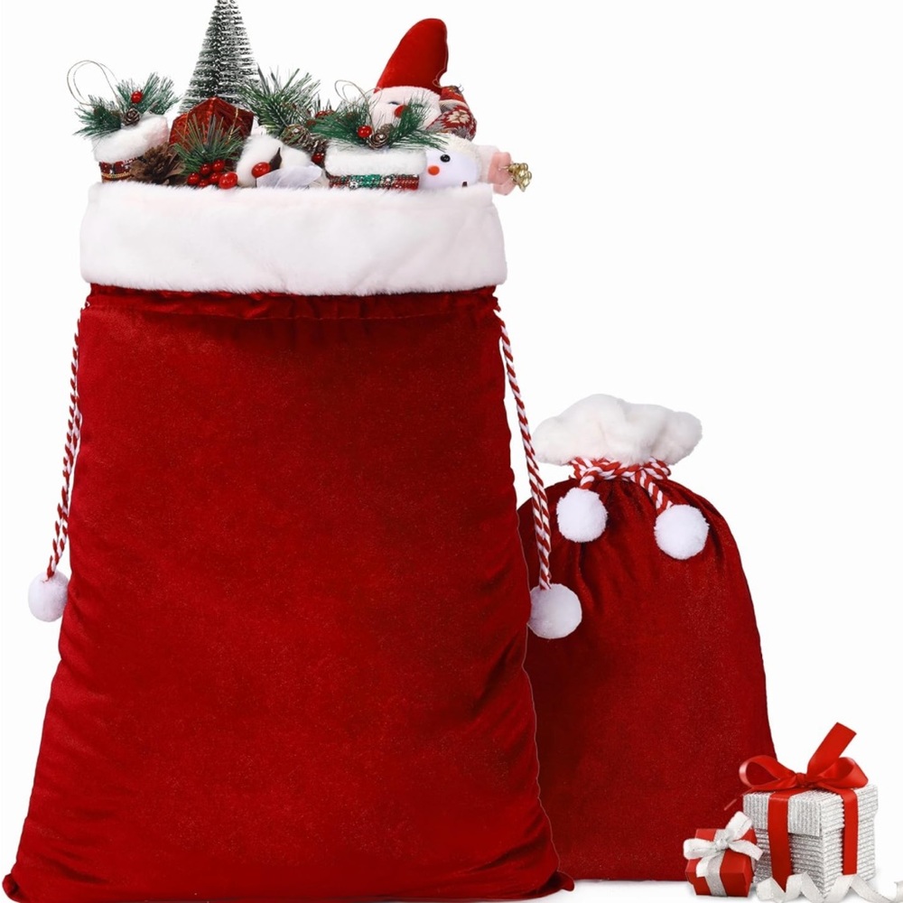 2 Pcs Christmas Velvet Bags with Drawstring Large Plush Santa Sack Christmas
